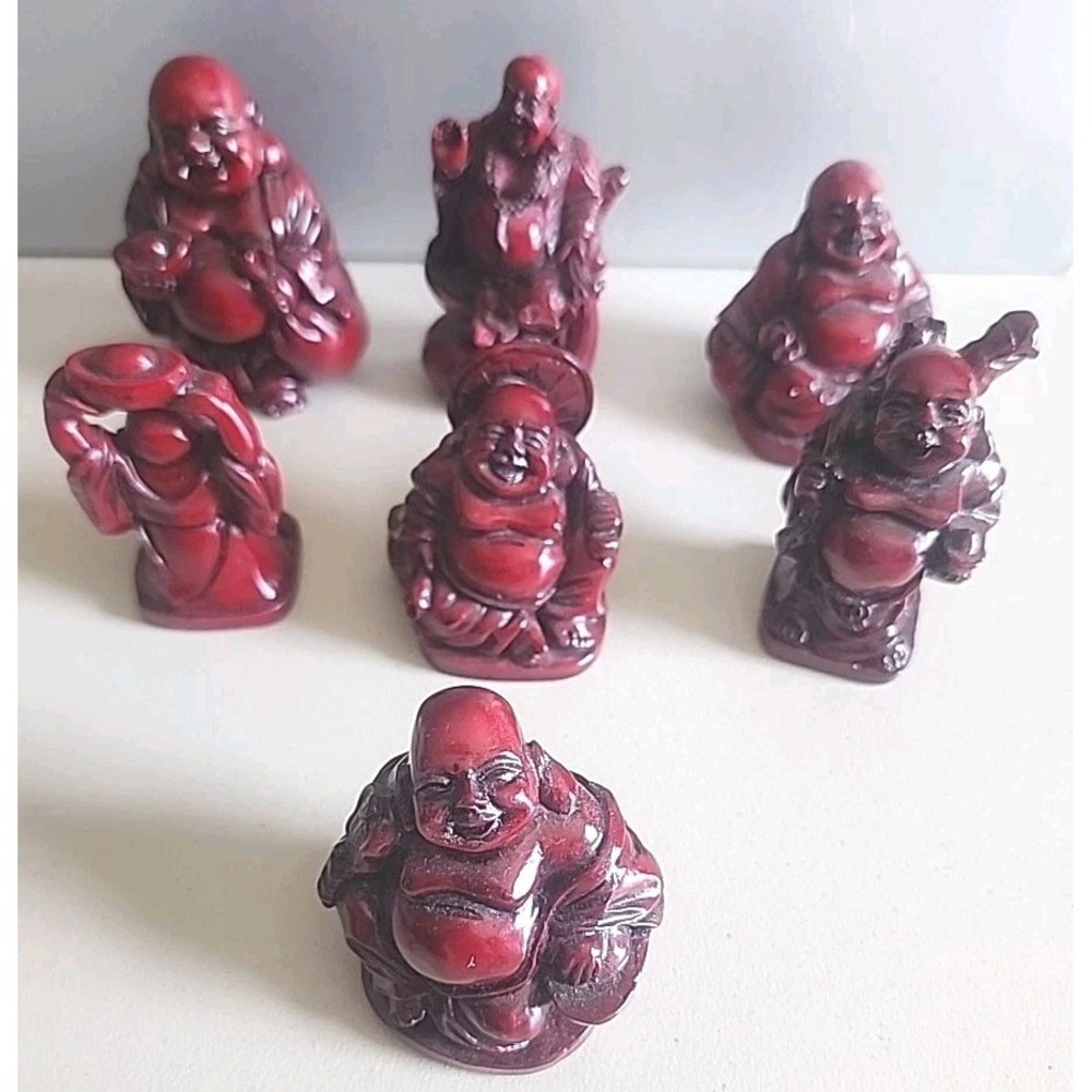 7 Buddha Statues - Figurines Red Resin Poses Laughing Mini Figures Vintage